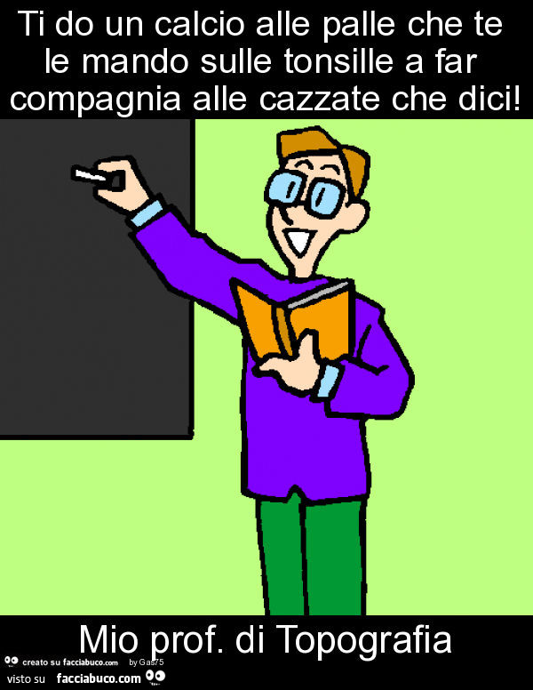 Ti do un calcio alle palle che te le mando sulle tonsille a far compagnia alle cazzate che dici! Mio prof. Di topografia