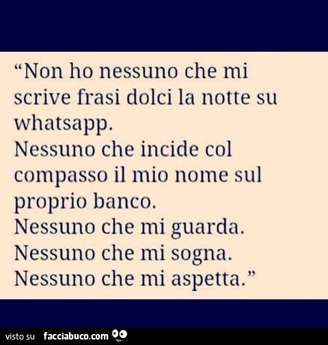 Non ho nessuno che mi scrive frasi dolci la notte su whatsapp. Nessuno che incide col compasso il mio nome sul proprio banco. Nessuno che mi guarda. Nessuno che mi sogna. Nessuno che mi aspetta
