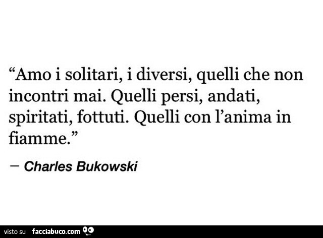 Amo i solitari, i diversi, quelli che non incontri mai. Quelli persi, andati, spiritati, fottuti. Quelli con l'anima in fiamme. Charles Bukowski