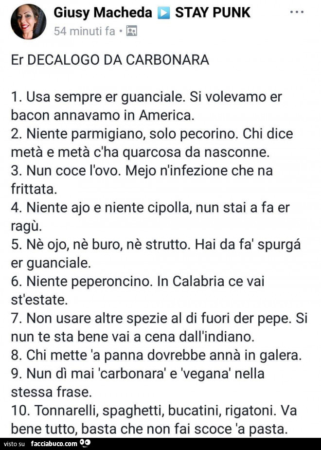 Er decalogo da carbonara