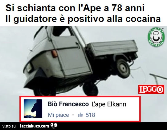 Si schianta con l'Ape a 78 anni. Il guidatore è positivo alla cocaina. L'Ape Elkann