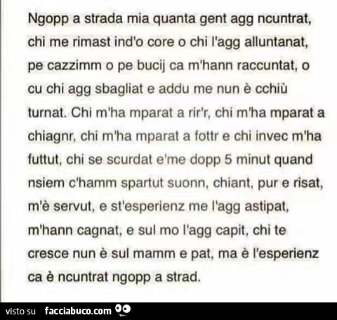Ngopp a strada mia quanta gent agg ncuntrat, chi me rimast indio core o chi l'agg alluntanat, pe cazzimm o pe bucij ca m'hann raccuntat, o cu chi agg sbagliat e addu me nun è cchiù turnat