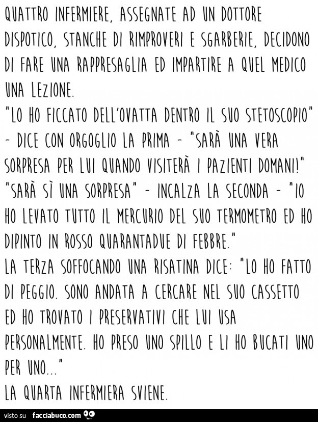 Quattro infermiere, assegnate ad dottore dispotico, stanche di rimproveri e sgarberie, decidono di fare una rappresaglia ed impartire a quel medico ua lezione