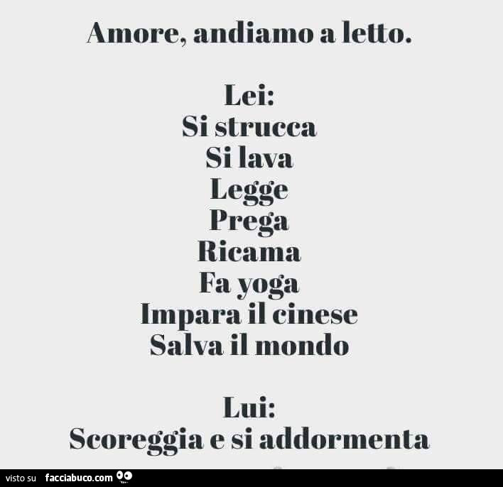 Amore, andiamo a letto. Lei: si strucca si lava legge prega ricama fa yoga impara il cinese salva il mondo. Lui: scoreggia e si addormenta