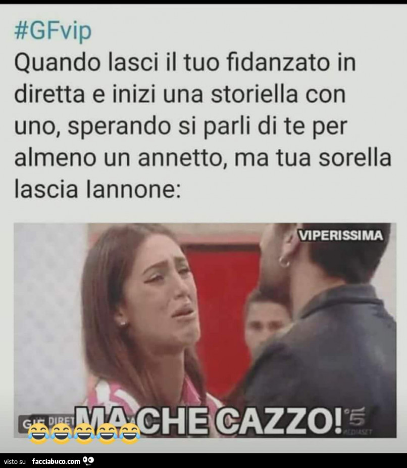 Quando lasci il tuo fidanzato in diretta e inizi una storiella con uno, sperando si parli di te per almeno un annetto, ma tua sorella lascia Iannone