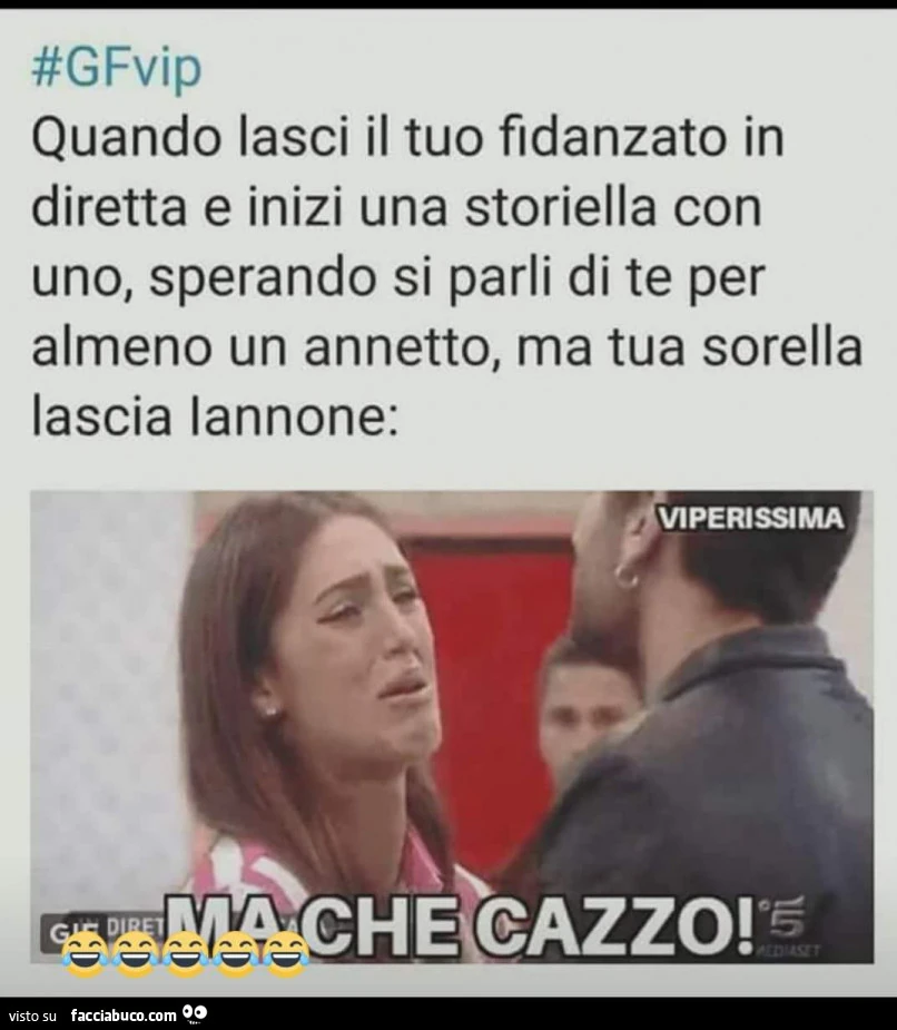 Quando lasci il tuo fidanzato in diretta e inizi una storiella con uno, sperando si parli di te per almeno un annetto, ma tua sorella lascia Iannone