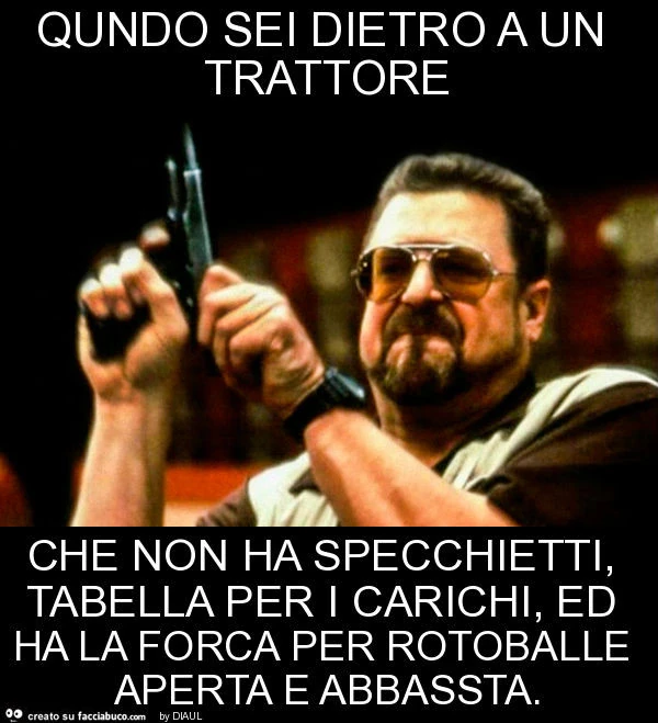 Qundo sei dietro a un trattore che non ha specchietti, tabella per i carichi, ed ha la forca per rotoballe aperta e abbassta