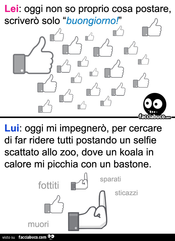 Lei: oggi non so proprio cosa postare, scriverò solo buongiorno. Pioggia di like. Lui: oggi mi impegnerò per cercare di far ridere tutti postando un selfie scattato allo zoo, dove un koala in calore mi picchia con un bastone. Fottiti, sparati, sticazzi, m
